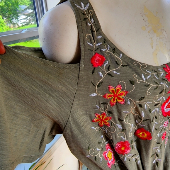 Rafaella Olive Green & Pink Embroidered Floral Print Cold Shoulder Dress Sz XL - Picture 7 of 9